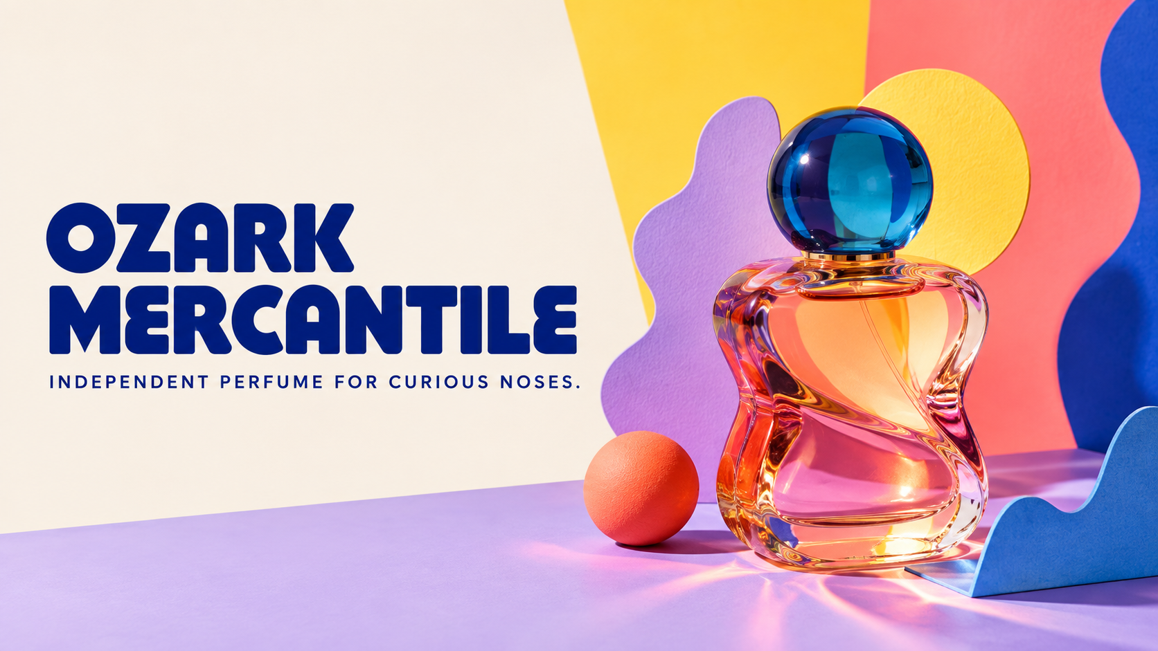 Colorful unbranded sculptural perfume bottle in a playful editorial studio